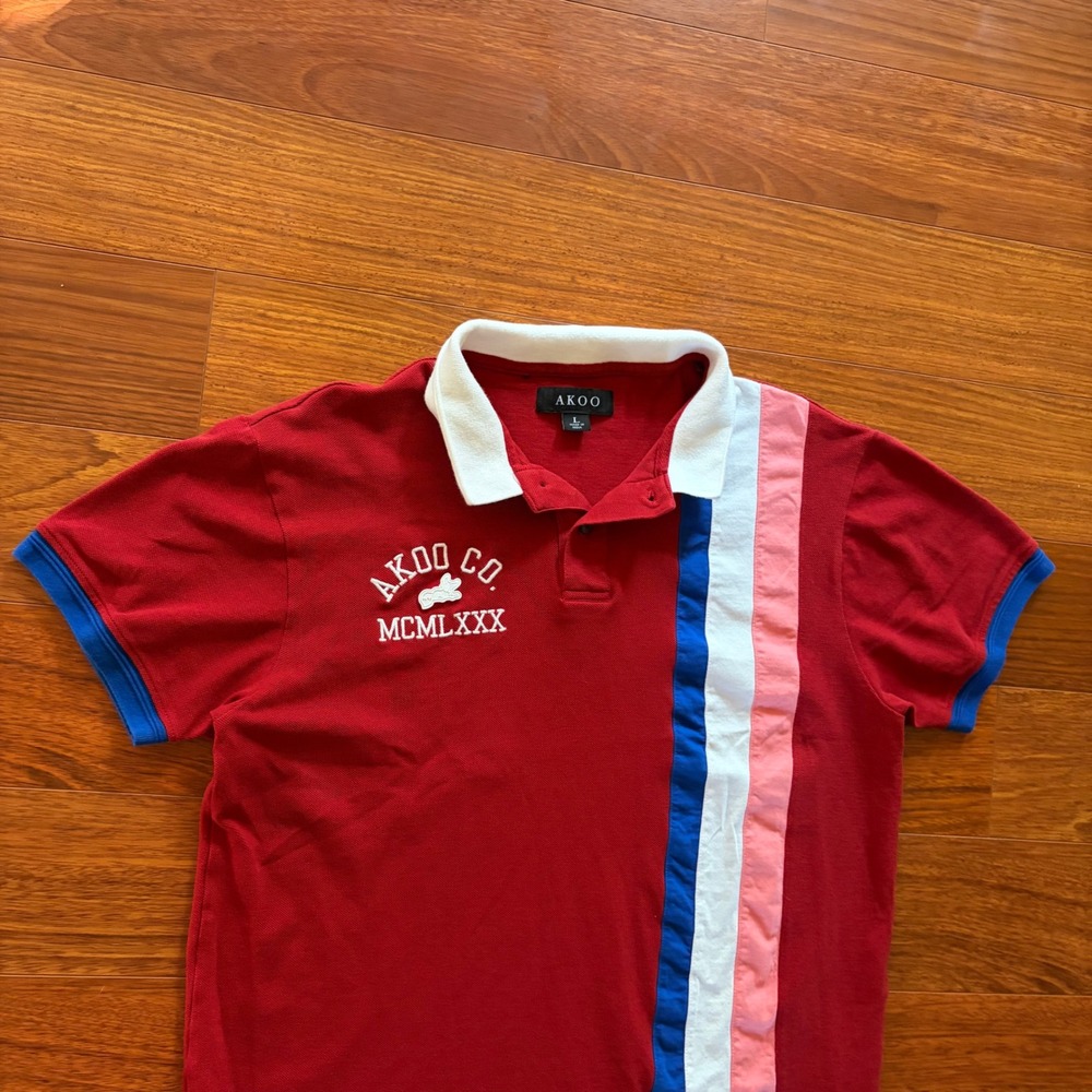 AKOO Co. Mens Polo Shirt Red Vertical Stripe Embroidered Spellout Streetwear L